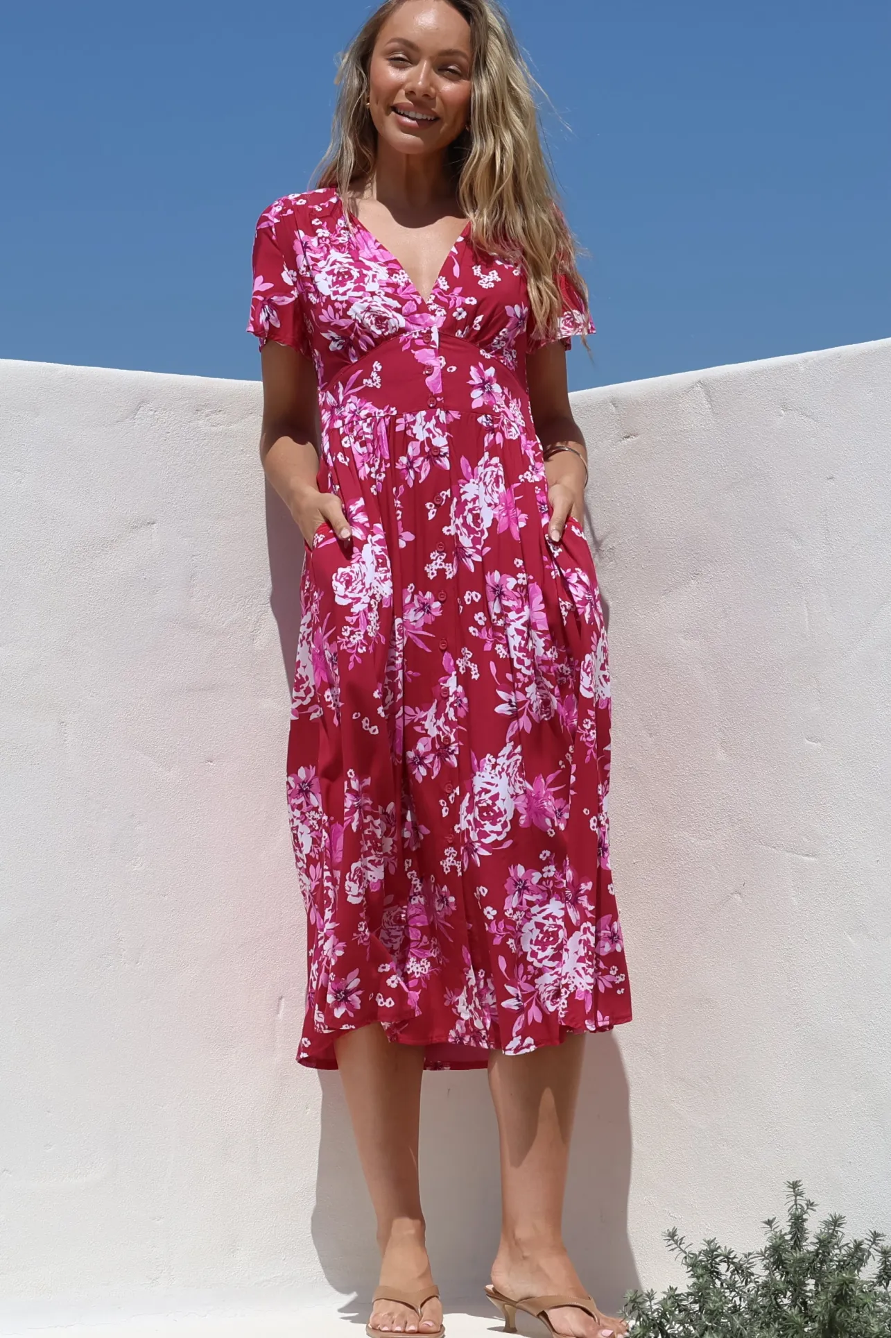 Anais Midi Dress - Cap Flutter Sleeve Button Down A Line Dress in Kimberly Print>Salty Crush Discount