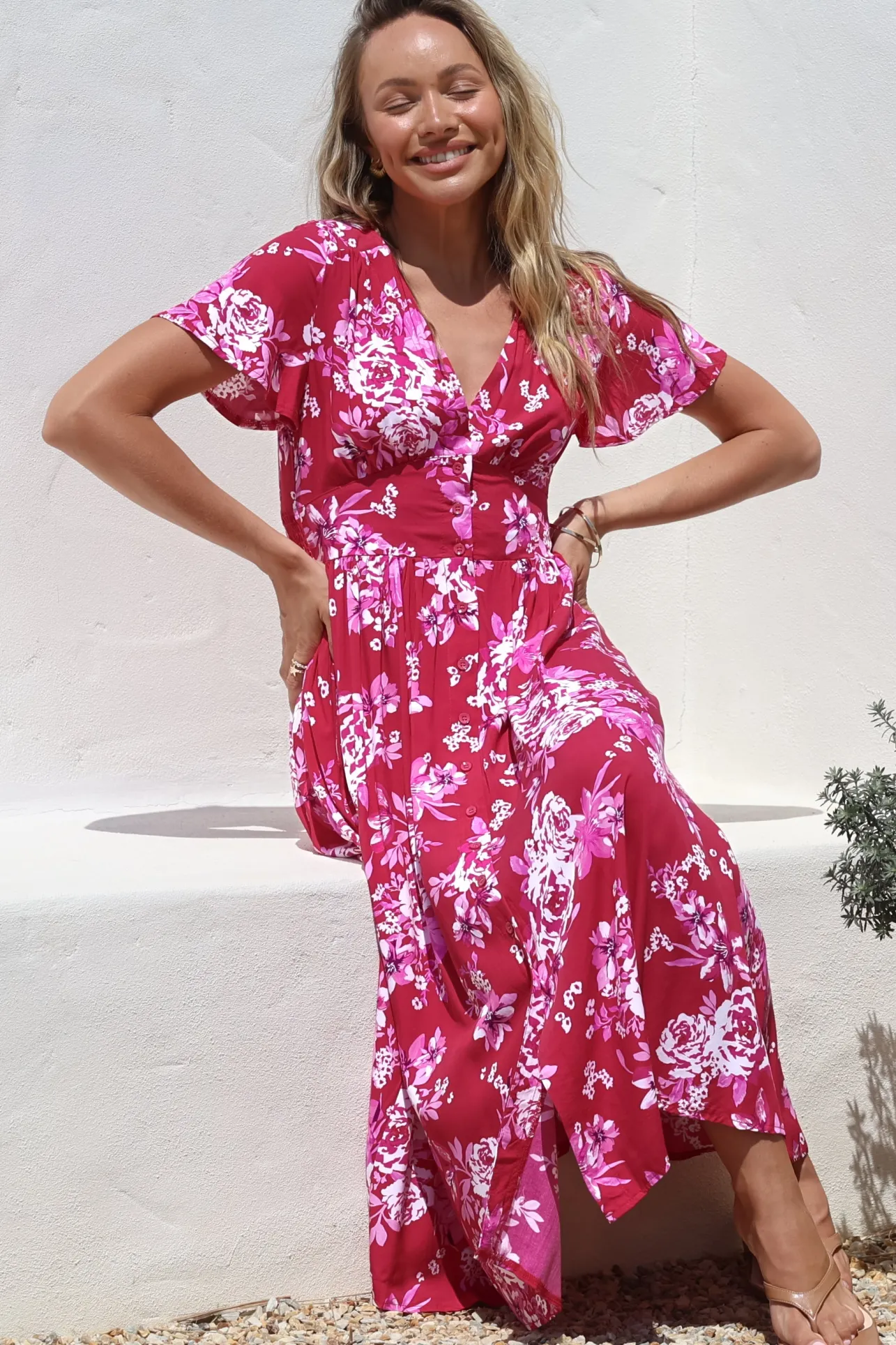 Anais Midi Dress - Cap Flutter Sleeve Button Down A Line Dress in Kimberly Print>Salty Crush Discount