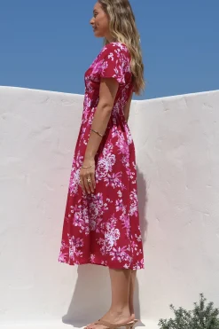Anais Midi Dress - Cap Flutter Sleeve Button Down A Line Dress in Kimberly Print><noscript><img width=