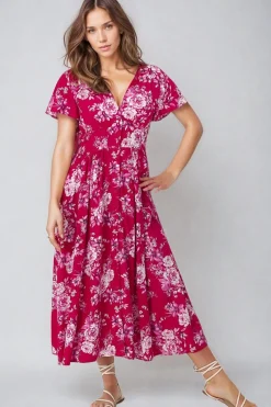Anais Midi Dress - Cap Flutter Sleeve Button Down A Line Dress in Kimberly Print><noscript><img width=