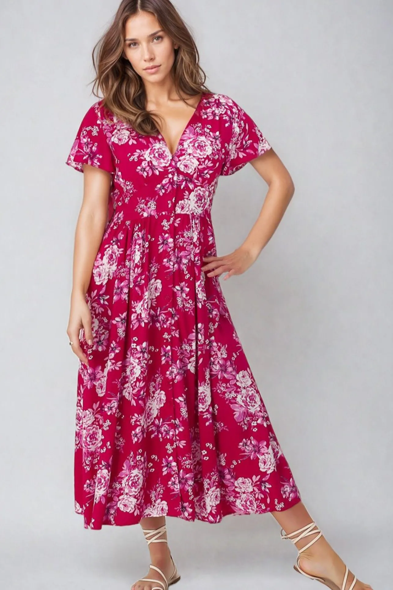 Anais Midi Dress - Cap Flutter Sleeve Button Down A Line Dress in Kimberly Print>Salty Crush Discount