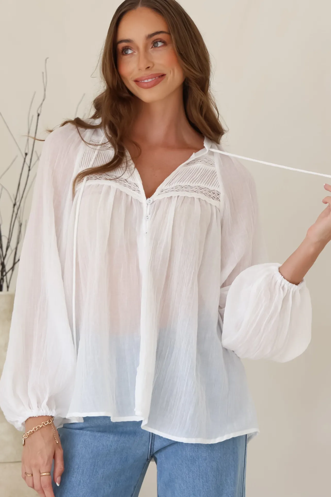 Angeline Top - Buttoned Down Scoop Hem Balloon Sleeve Blouse in White>Salty Crush Discount