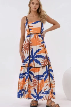 Angie Maxi Dress - Thick Strap Tiered Skirt Sun Dress in Trula Print>Salty Crush New
