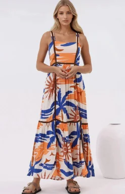 Angie Maxi Dress - Thick Strap Tiered Skirt Sun Dress in Trula Print>Salty Crush New