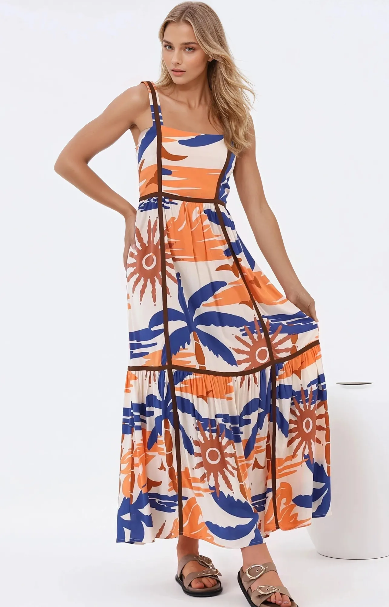 Angie Maxi Dress - Thick Strap Tiered Skirt Sun Dress in Trula Print>Salty Crush New