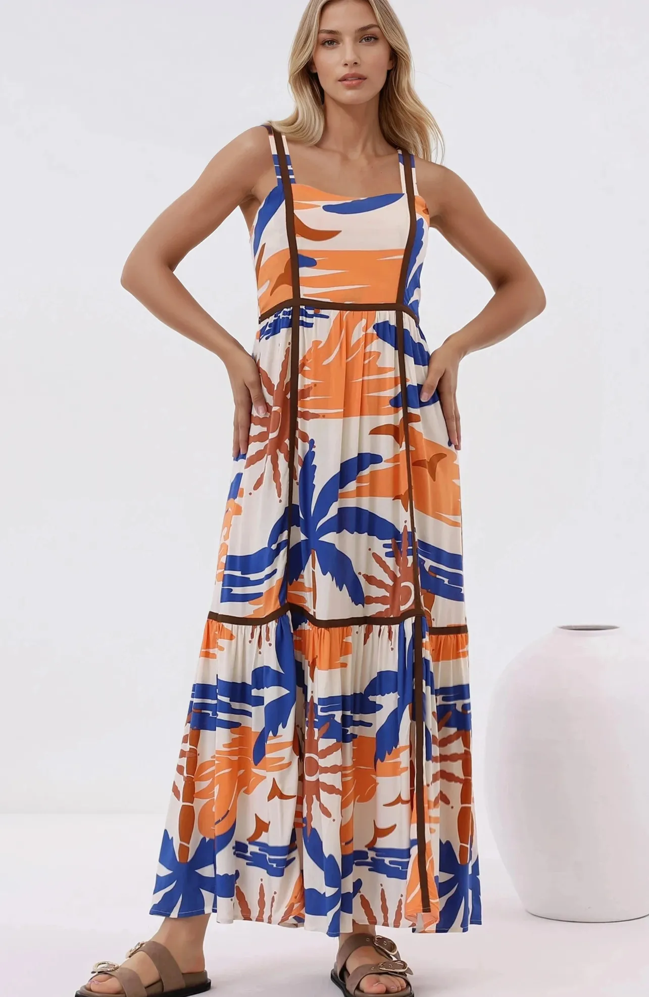 Angie Maxi Dress - Thick Strap Tiered Skirt Sun Dress in Trula Print>Salty Crush New