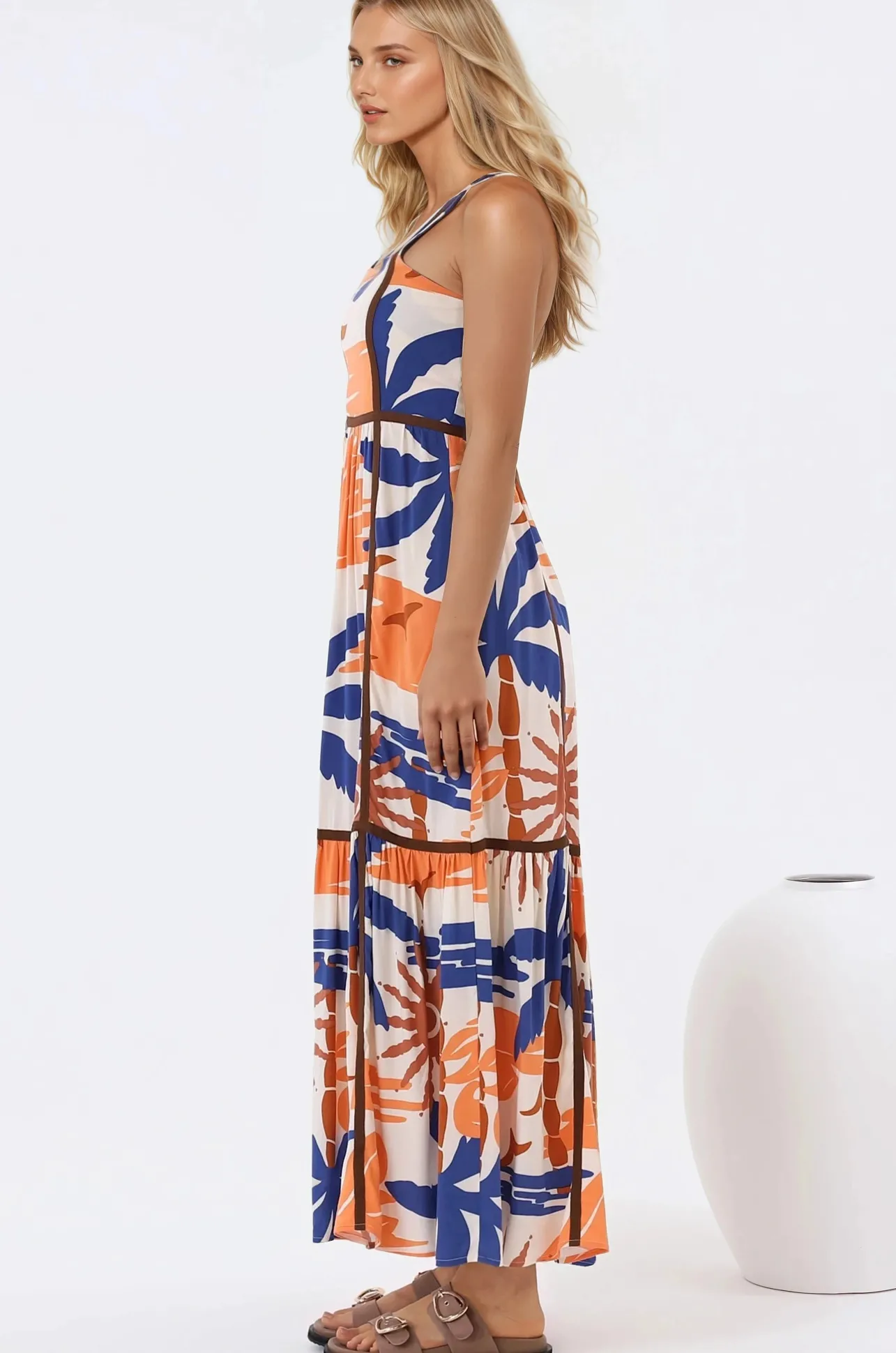 Angie Maxi Dress - Thick Strap Tiered Skirt Sun Dress in Trula Print>Salty Crush New