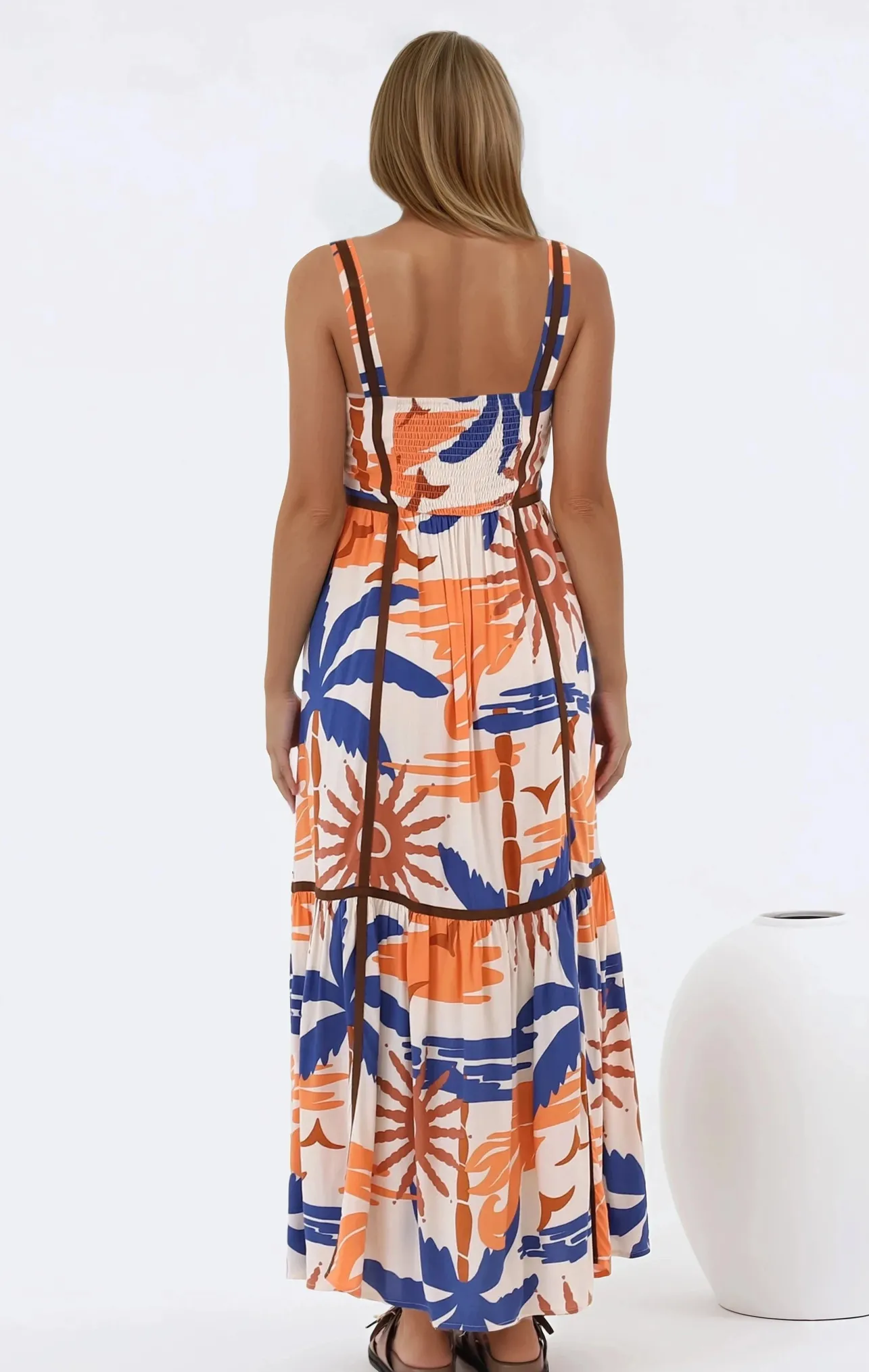 Angie Maxi Dress - Thick Strap Tiered Skirt Sun Dress in Trula Print>Salty Crush New