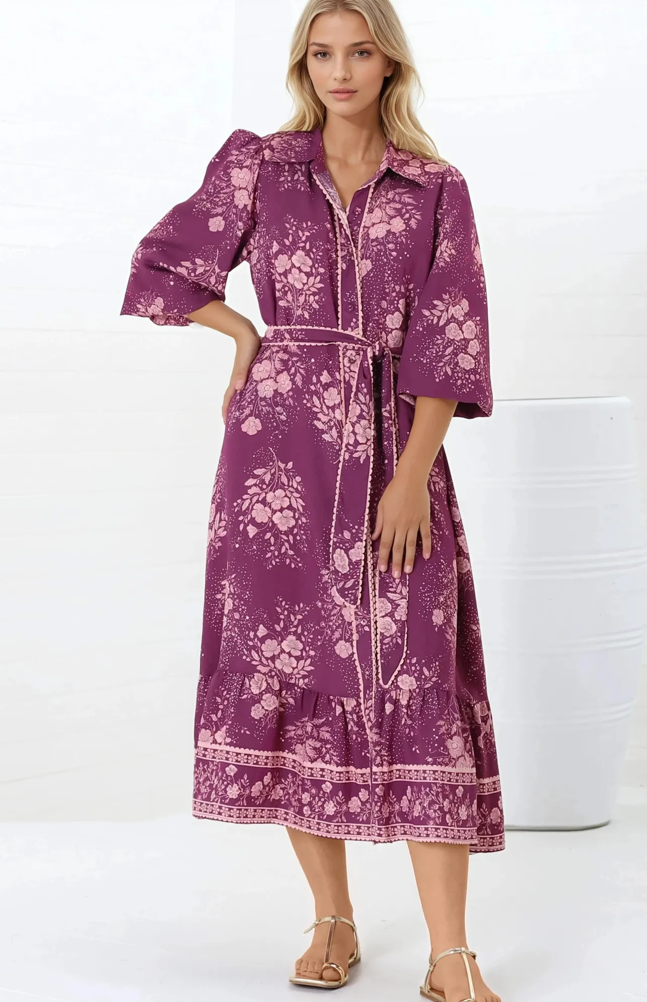 Anita Midi Dress - Button-Down Shirt Dress in Briella Print Berry>Salty Crush Sale