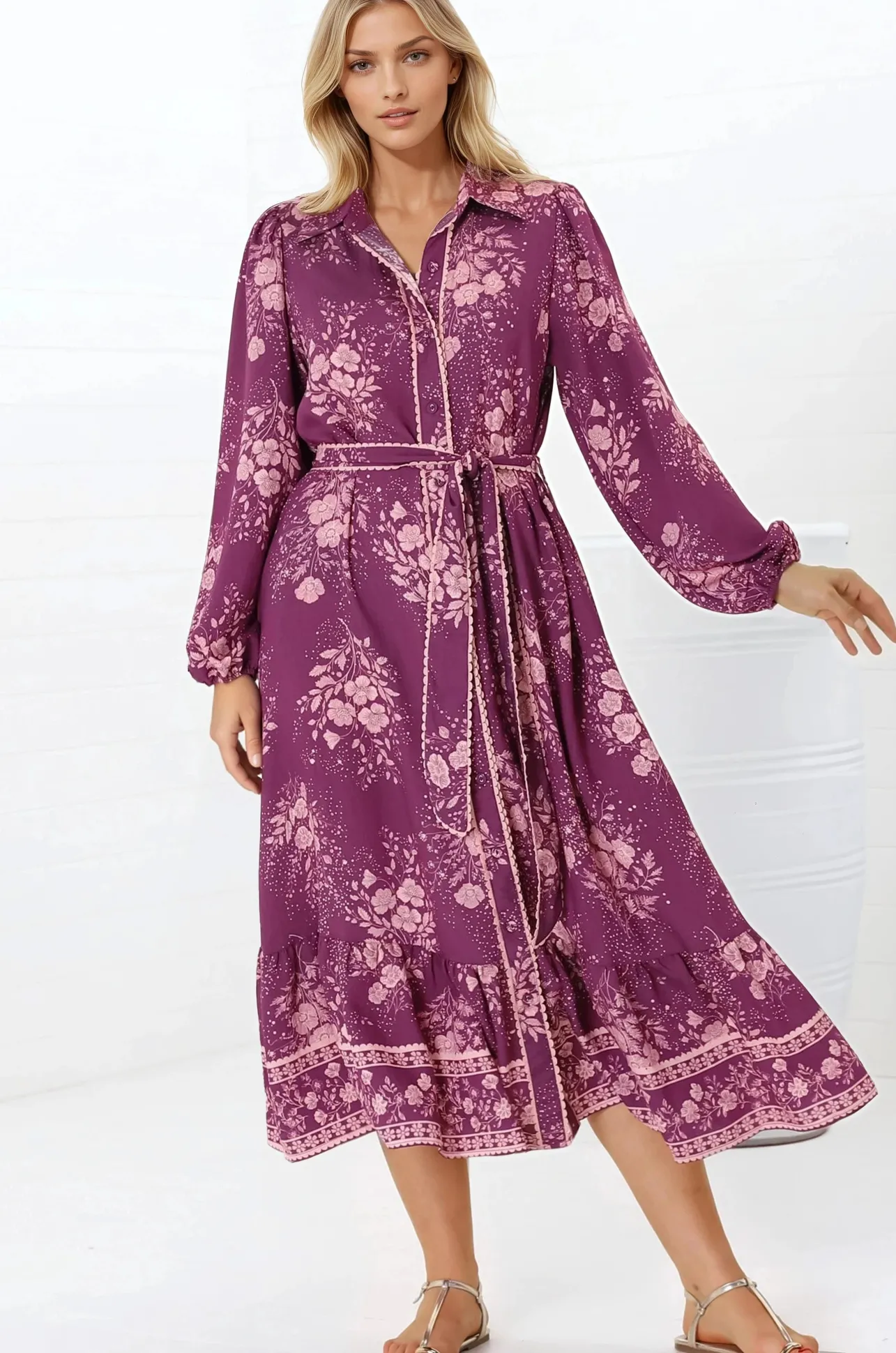 Anita Midi Dress - Button-Down Shirt Dress in Briella Print Berry>Salty Crush Sale