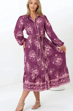 Anita Midi Dress - Button-Down Shirt Dress in Briella Print Berry><noscript><img width=