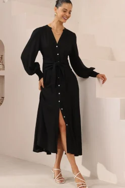 Anne Midi Dress - Mandarin Collar Waist Tie Detailed A Line Dress in Black>Salty Crush Hot