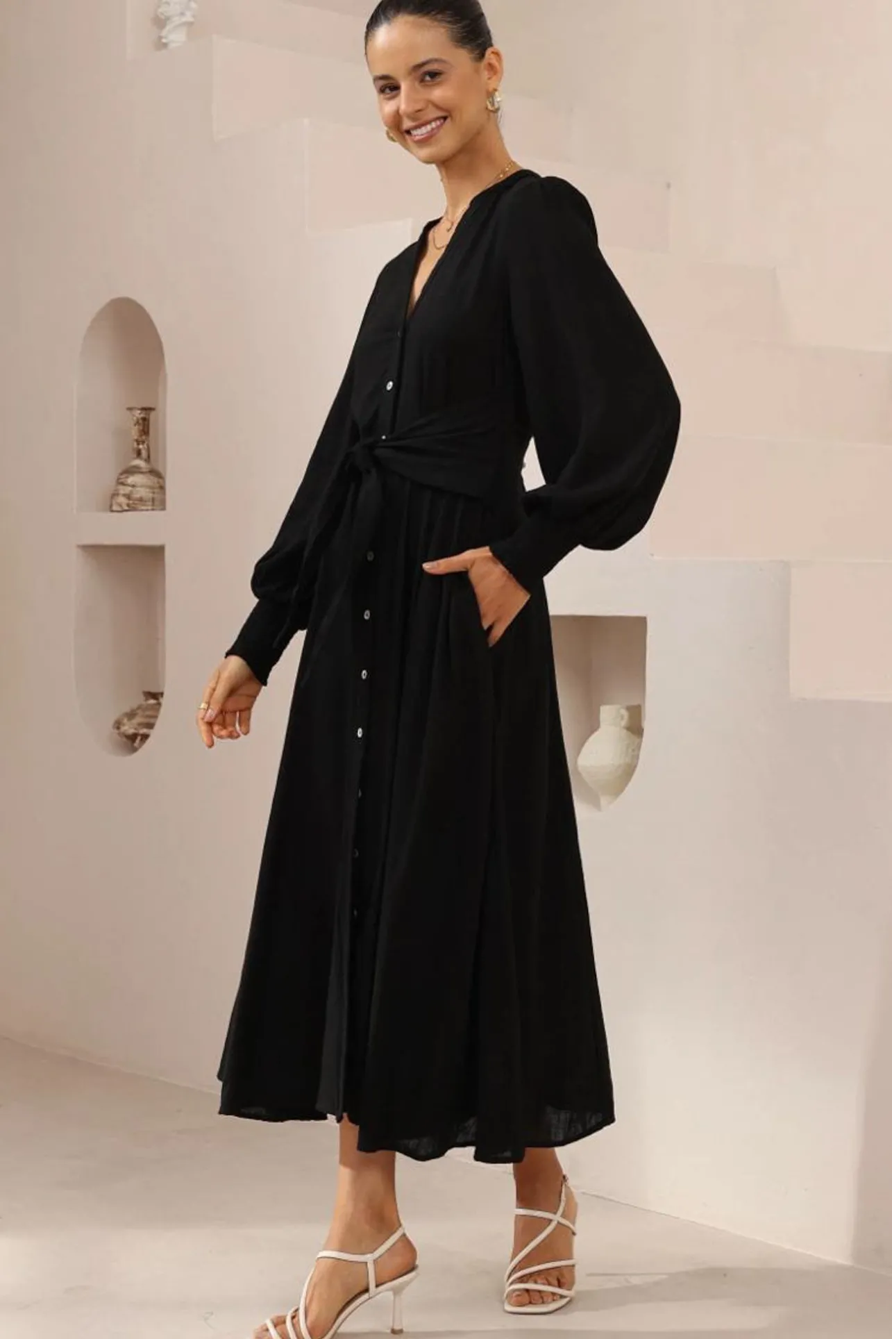 Anne Midi Dress - Mandarin Collar Waist Tie Detailed A Line Dress in Black>Salty Crush Hot