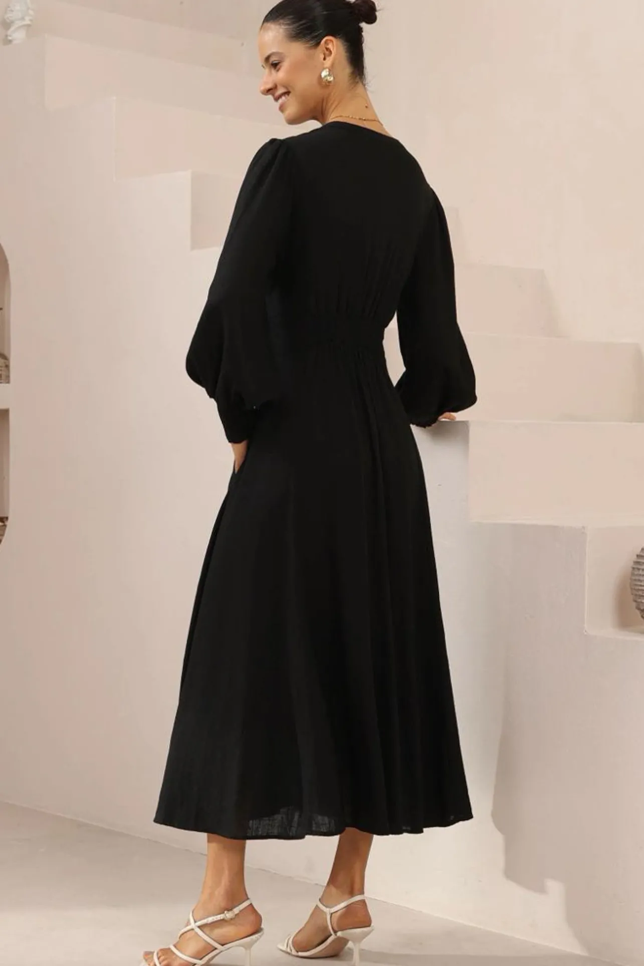 Anne Midi Dress - Mandarin Collar Waist Tie Detailed A Line Dress in Black>Salty Crush Hot