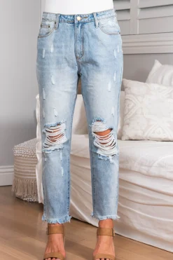 Annie Boyfriend Jeans - Distressed Mid Rise Boyfriend Jeans in Light Denim>Salty Crush Outlet