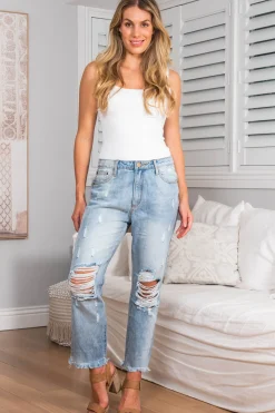 Annie Boyfriend Jeans - Distressed Mid Rise Boyfriend Jeans in Light Denim><noscript><img width=