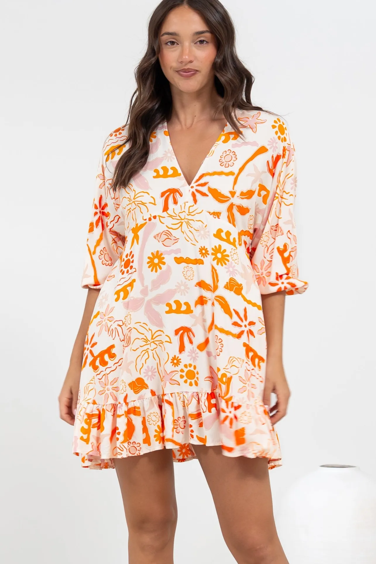 Annika Mini Dress - V-Neck Empire Line Dress with Balloon Sleeves in Sealy Print>Salty Crush Discount