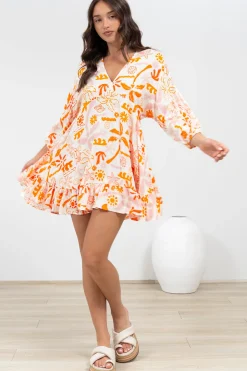 Annika Mini Dress - V-Neck Empire Line Dress with Balloon Sleeves in Sealy Print><noscript><img width=