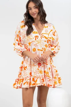 Annika Mini Dress - V-Neck Empire Line Dress with Balloon Sleeves in Sealy Print><noscript><img width=
