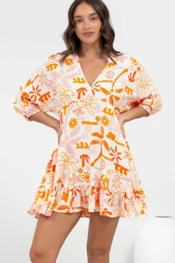 Annika Mini Dress - V-Neck Empire Line Dress with Balloon Sleeves in Sealy Print><noscript><img width=