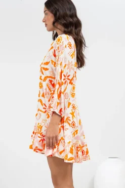 Annika Mini Dress - V-Neck Empire Line Dress with Balloon Sleeves in Sealy Print><noscript><img width=
