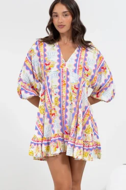 Annika Mini Dress - V-Neck Empire Line Dress with Balloon Sleeves in Wavey Print>Salty Crush Outlet