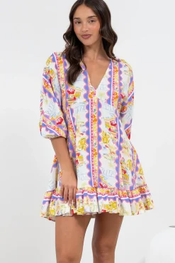 Annika Mini Dress - V-Neck Empire Line Dress with Balloon Sleeves in Wavey Print><noscript><img width=