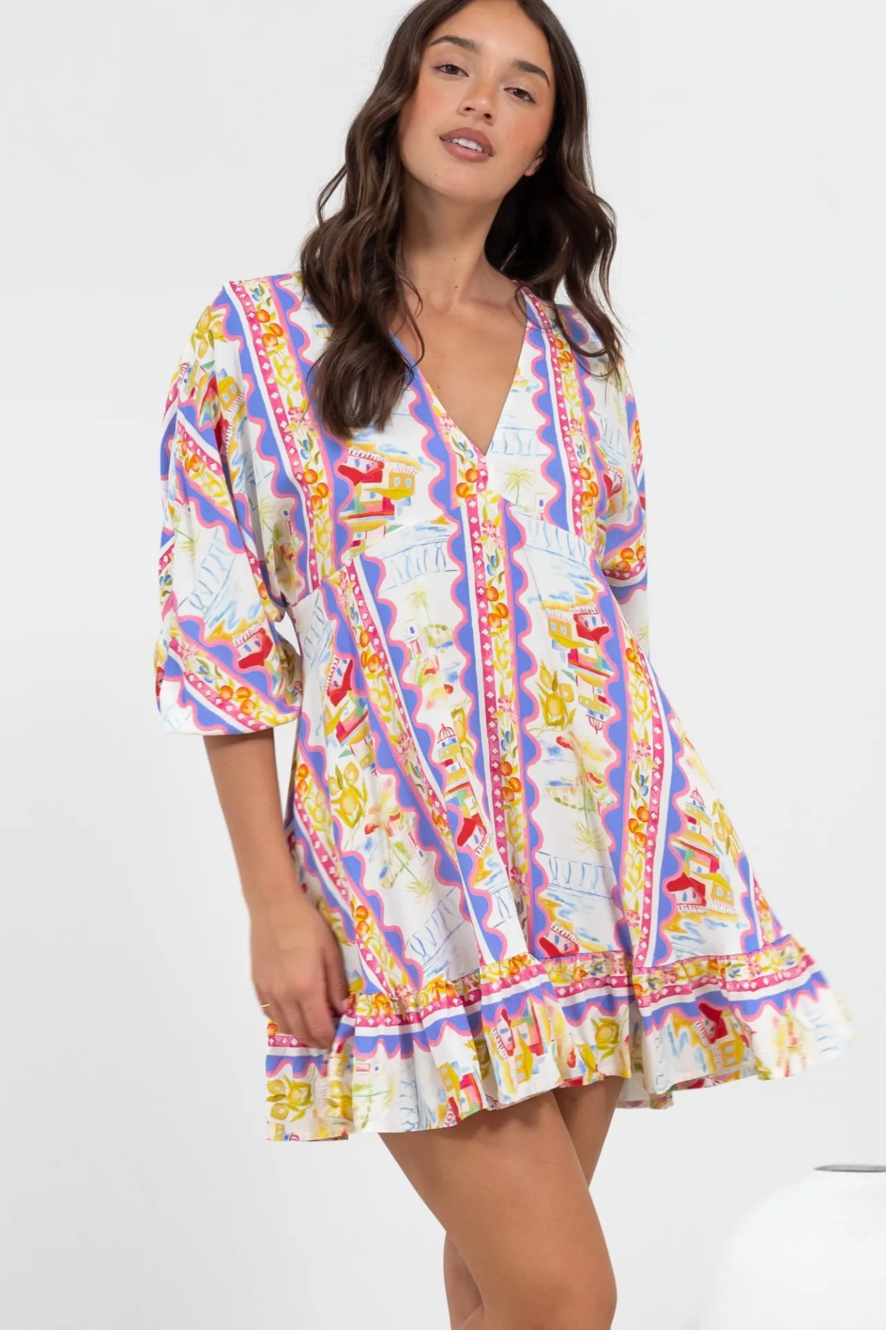 Annika Mini Dress - V-Neck Empire Line Dress with Balloon Sleeves in Wavey Print>Salty Crush Outlet