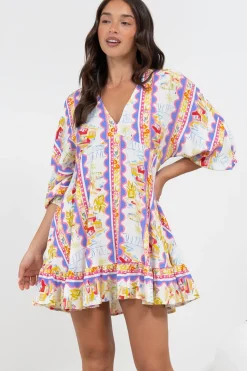 Annika Mini Dress - V-Neck Empire Line Dress with Balloon Sleeves in Wavey Print><noscript><img width=