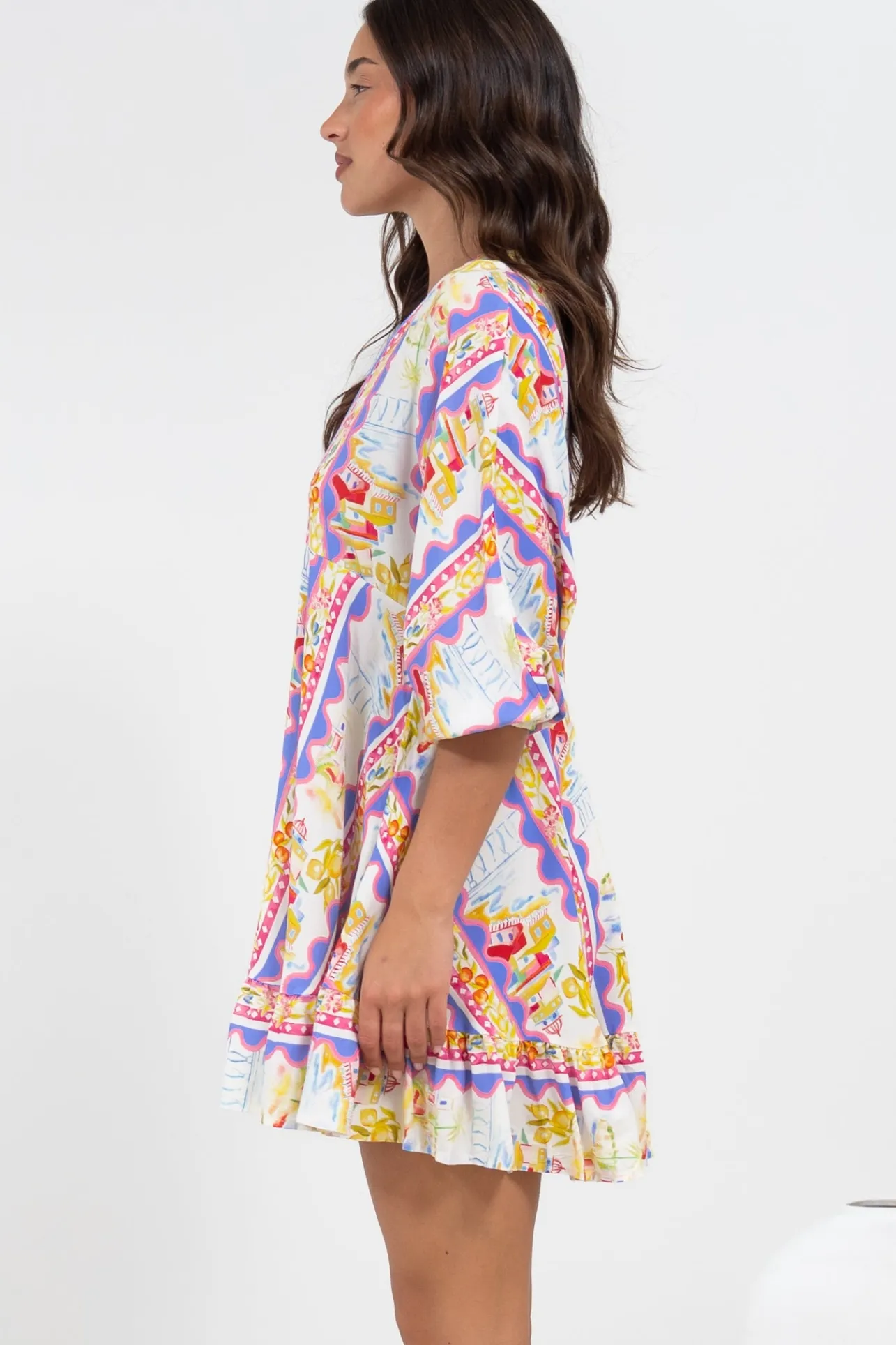 Annika Mini Dress - V-Neck Empire Line Dress with Balloon Sleeves in Wavey Print>Salty Crush Outlet