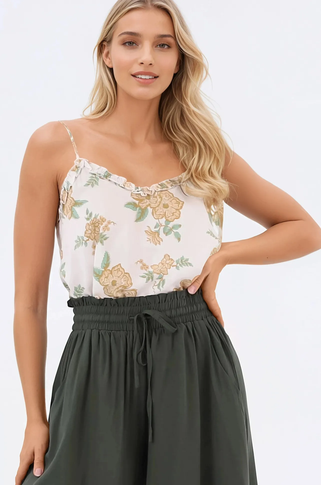 Annika Top - Soft V Neckline Adjustable Strap Cami in Gisella Print>Salty Crush New