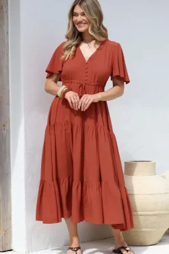 Anya Maxi Dress - Flutter Cap Sleeve Pull Tie Waist Dress in Rust><noscript><img width=