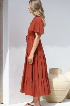 Anya Maxi Dress - Flutter Cap Sleeve Pull Tie Waist Dress in Rust><noscript><img width=