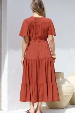 Anya Maxi Dress - Flutter Cap Sleeve Pull Tie Waist Dress in Rust><noscript><img width=
