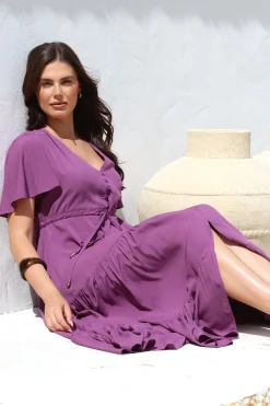 Anya Maxi Dress - Flutter Cap Sleeve Pull Tie Waist Dress in Purple><noscript><img width=