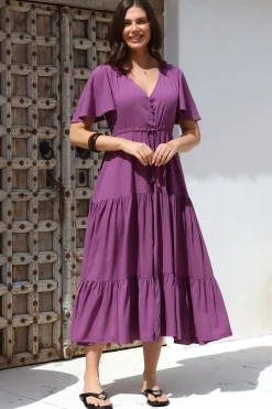 Anya Maxi Dress - Flutter Cap Sleeve Pull Tie Waist Dress in Purple><noscript><img width=