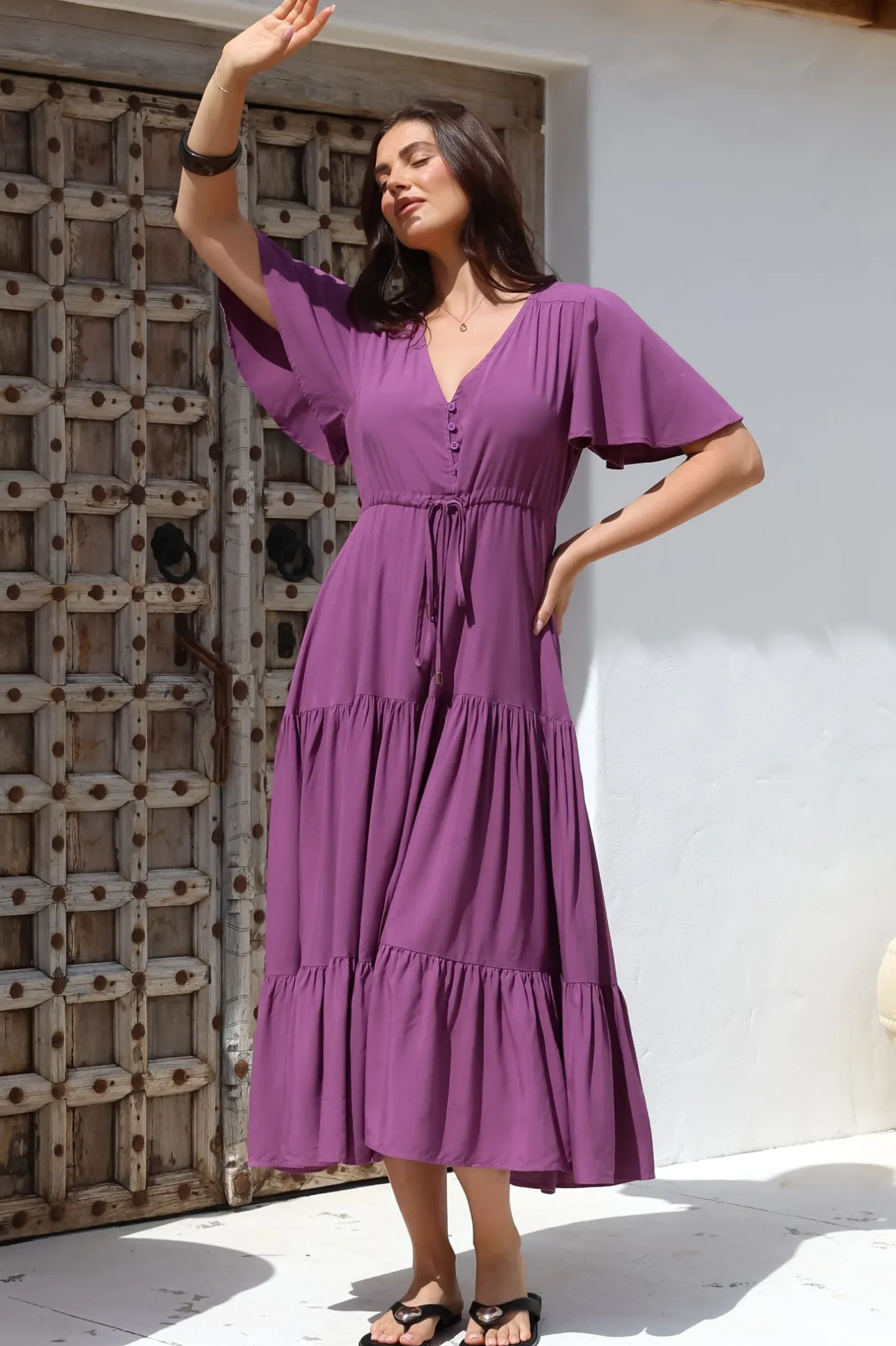 Anya Maxi Dress - Flutter Cap Sleeve Pull Tie Waist Dress in Purple>Salty Crush Clearance
