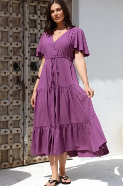Anya Maxi Dress - Flutter Cap Sleeve Pull Tie Waist Dress in Purple><noscript><img width=
