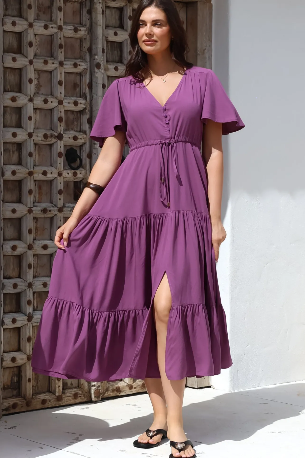 Anya Maxi Dress - Flutter Cap Sleeve Pull Tie Waist Dress in Purple>Salty Crush Clearance