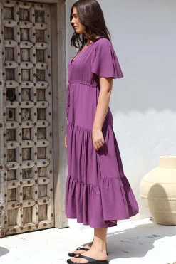 Anya Maxi Dress - Flutter Cap Sleeve Pull Tie Waist Dress in Purple><noscript><img width=