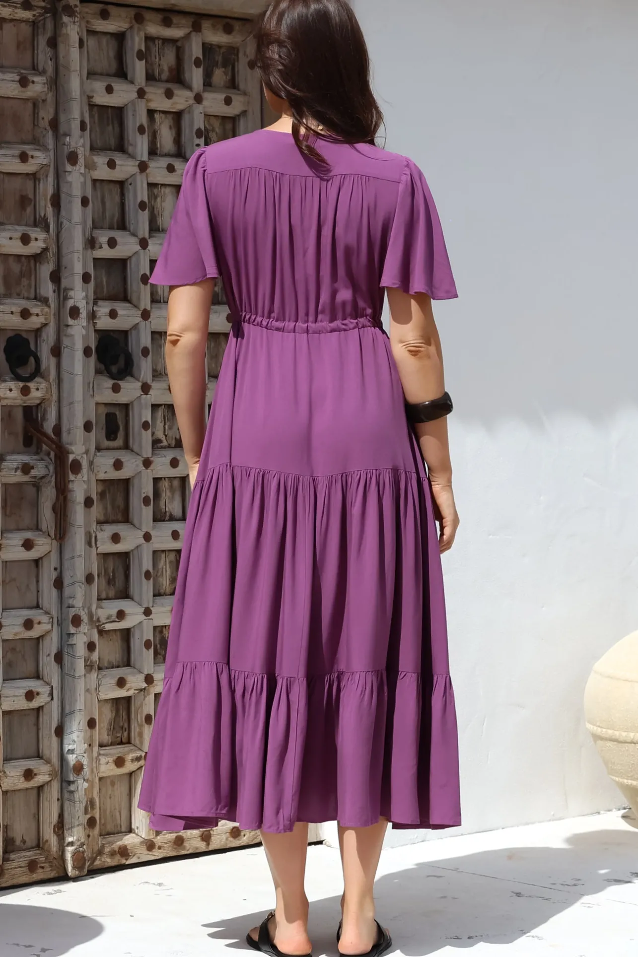 Anya Maxi Dress - Flutter Cap Sleeve Pull Tie Waist Dress in Purple>Salty Crush Clearance