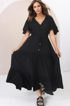 Anya Maxi Dress - Flutter Cap Sleeve Pull Tie Waist Dress in Black><noscript><img width=