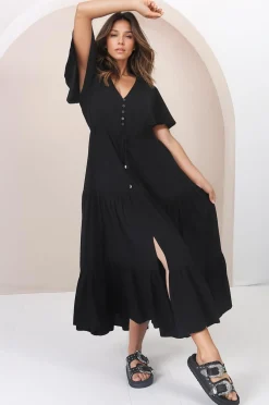 Anya Maxi Dress - Flutter Cap Sleeve Pull Tie Waist Dress in Black><noscript><img width=