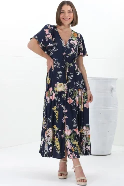 Anya Maxi Dress - Flutter Cap Sleeve Pull Tie Waist Dress in Lidye Print>Salty Crush Online