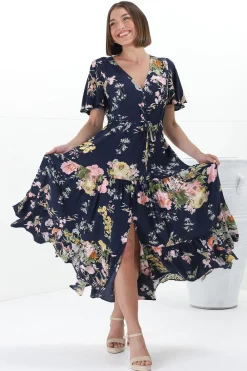Anya Maxi Dress - Flutter Cap Sleeve Pull Tie Waist Dress in Lidye Print><noscript><img width=