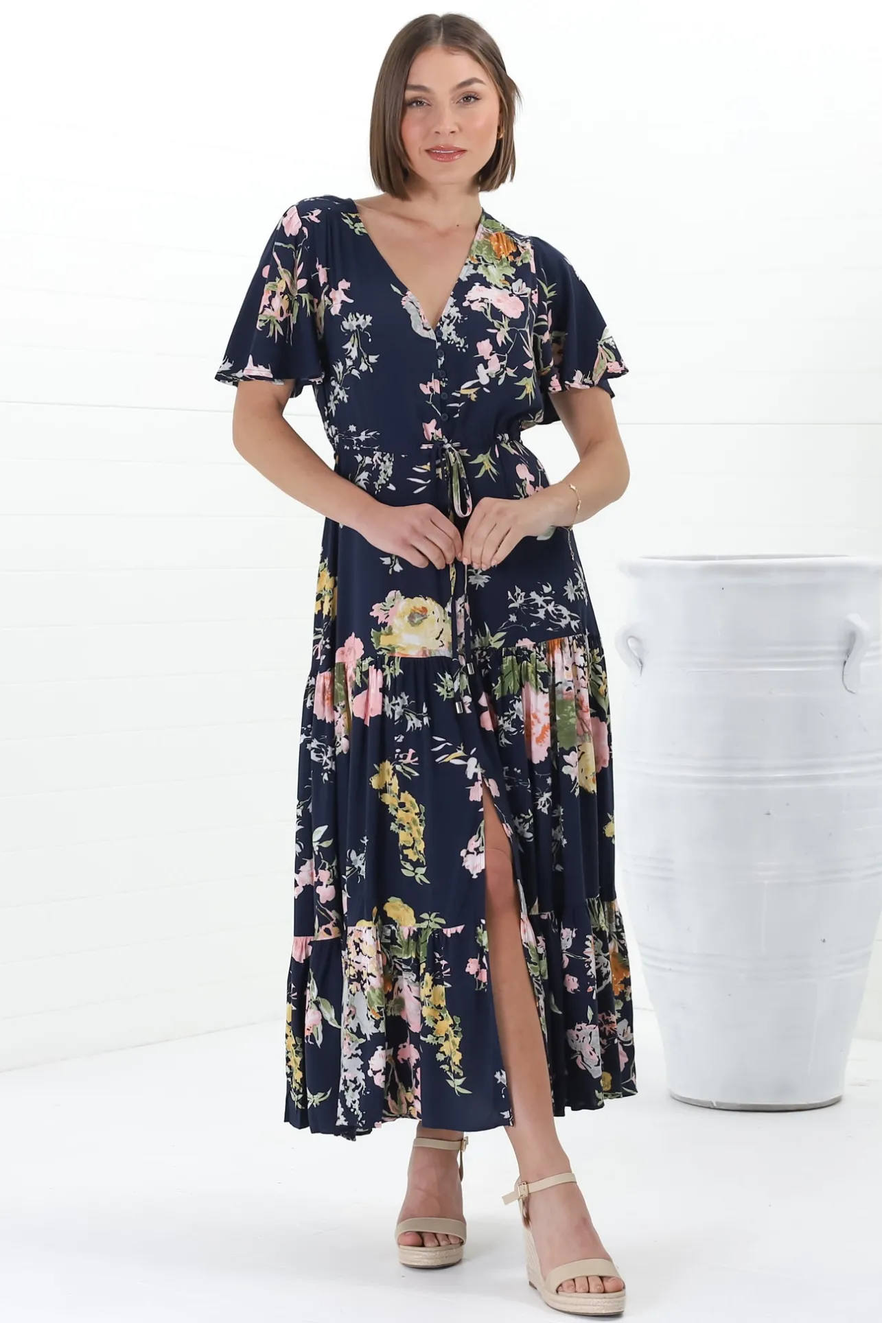 Anya Maxi Dress - Flutter Cap Sleeve Pull Tie Waist Dress in Lidye Print>Salty Crush Online