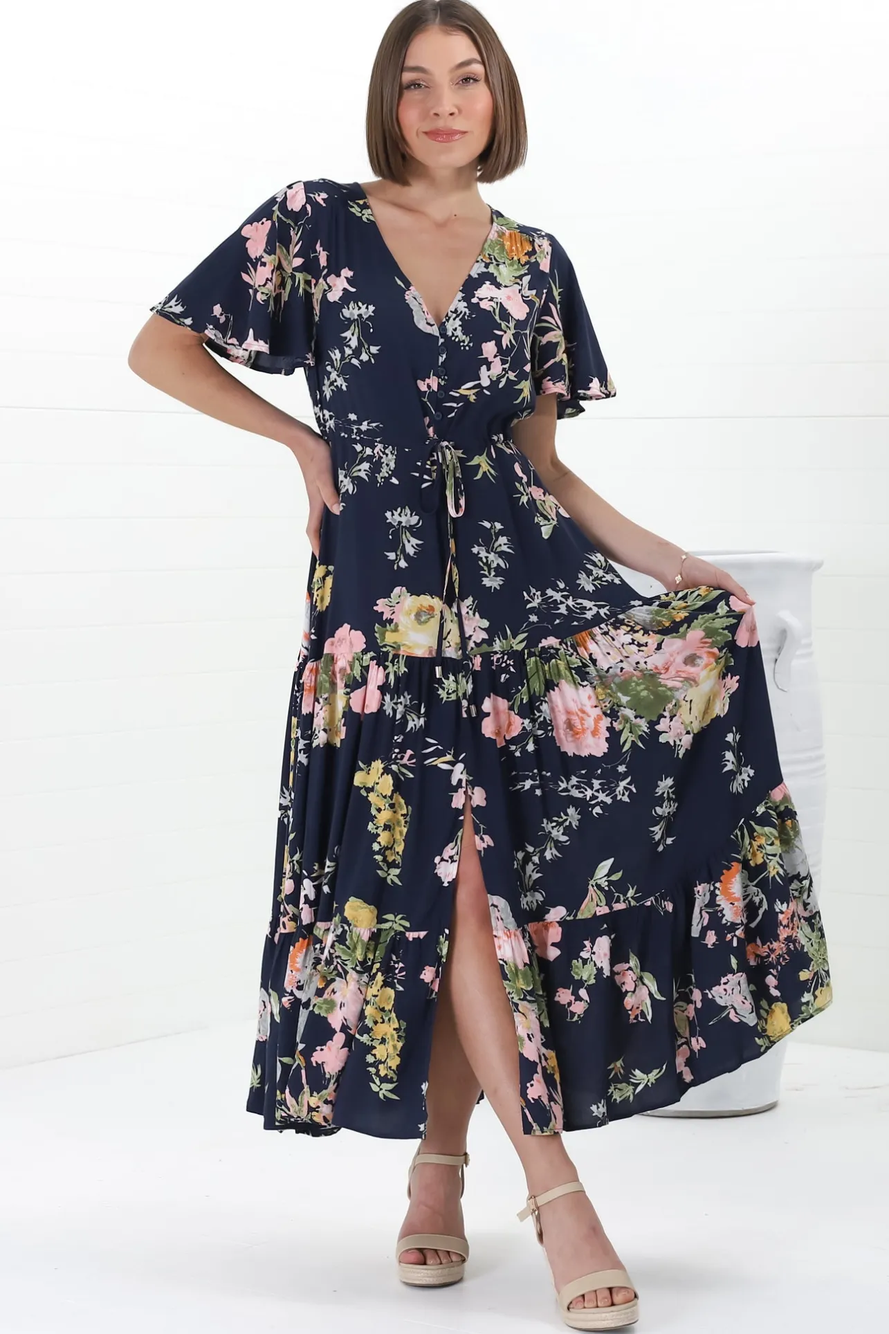 Anya Maxi Dress - Flutter Cap Sleeve Pull Tie Waist Dress in Lidye Print>Salty Crush Online