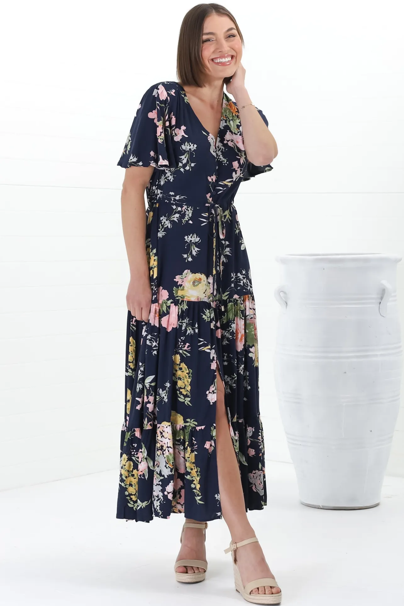 Anya Maxi Dress - Flutter Cap Sleeve Pull Tie Waist Dress in Lidye Print>Salty Crush Online