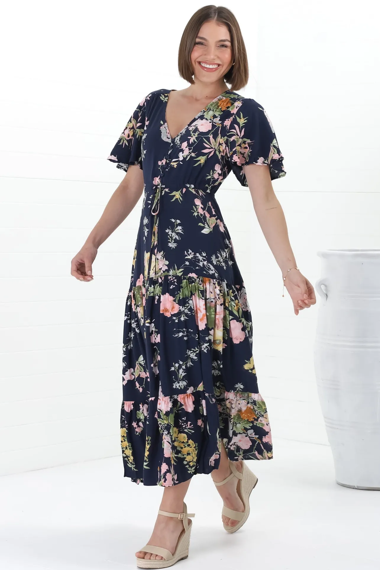 Anya Maxi Dress - Flutter Cap Sleeve Pull Tie Waist Dress in Lidye Print>Salty Crush Online