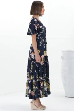 Anya Maxi Dress - Flutter Cap Sleeve Pull Tie Waist Dress in Lidye Print><noscript><img width=